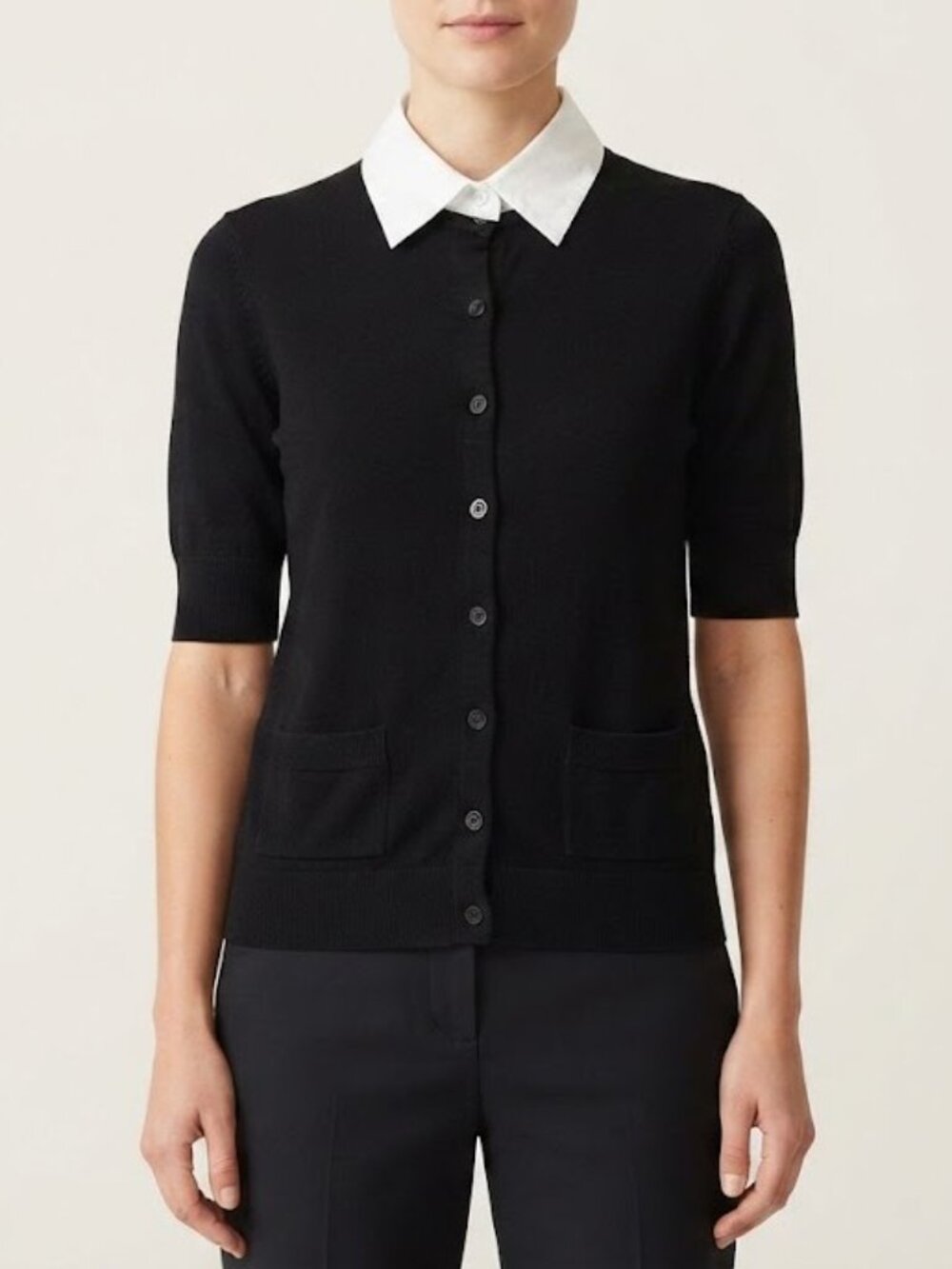 Black Button-Front Collared Knit Short Sleeve Top